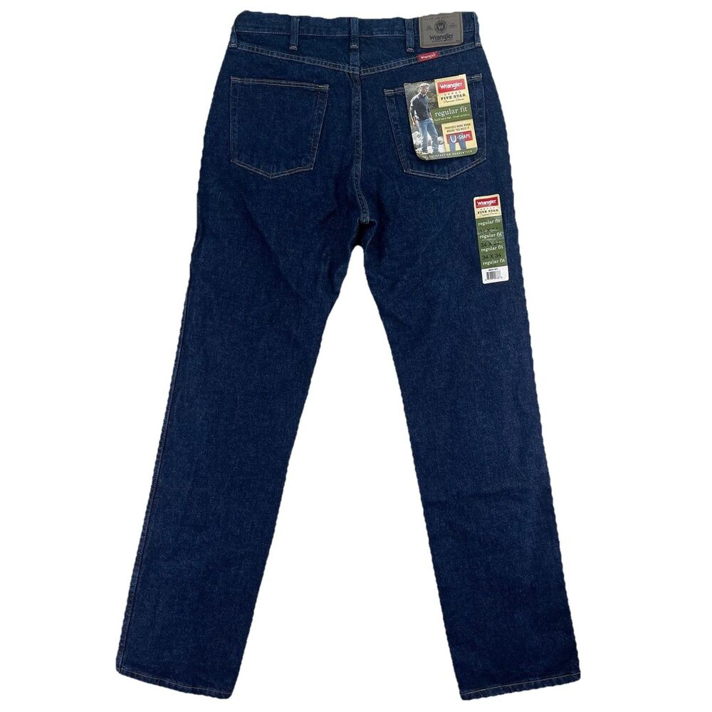 Wrangler 5-Star Premium Denim 34x34 Regular Fit Blue Jeans Dark Wash U-Shape As
